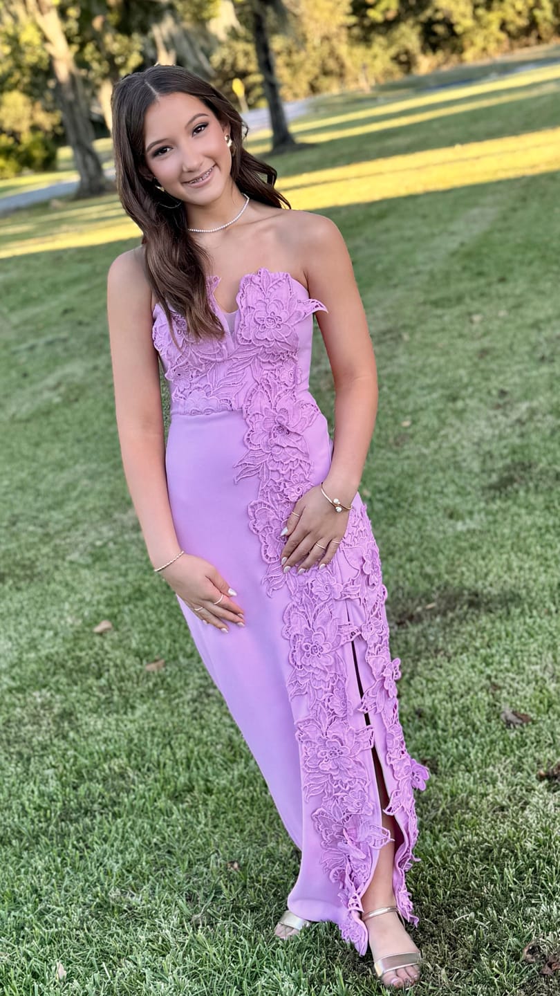 Customer photo review of Pink Strapless  Maxi Dress with 3D Floral Embroidery and Side Leg Slit