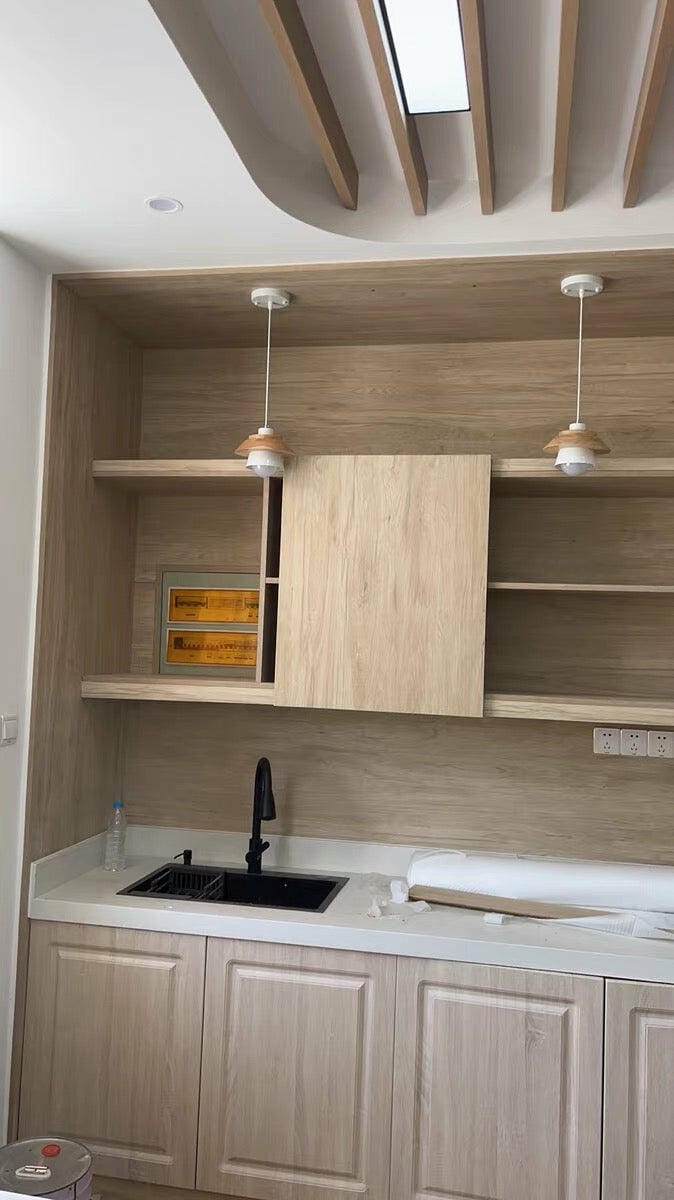 Customer photo review of Natural Wood Top Pendant Light, Matte Metal Shade, 19 cm
