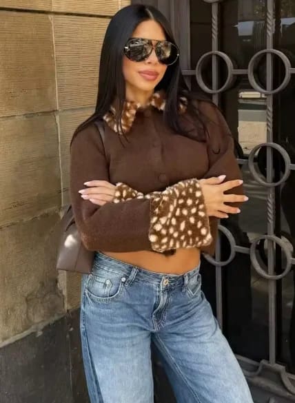 Customer photo review of Jane Faux Fur Bambi Trim Knit Cardigan