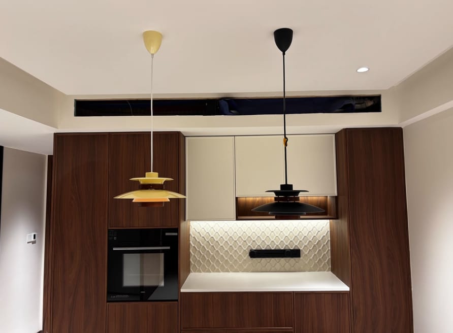 Customer photo review of Layered Metal Pendant Light, Dark Oak Wood Band, 35 or 50 cm