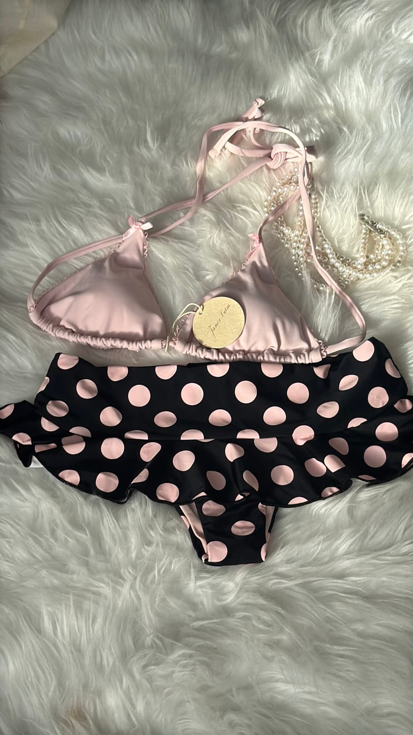 Customer photo review of Pink Picot Halter Triangle Top & Polka Dot Skirted Bottom Mix And Match Bikini Set