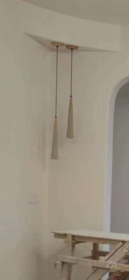Customer photo review of Pleated Concrete Pendant Light, Wood Grain Shade, Metal, Damp Rated