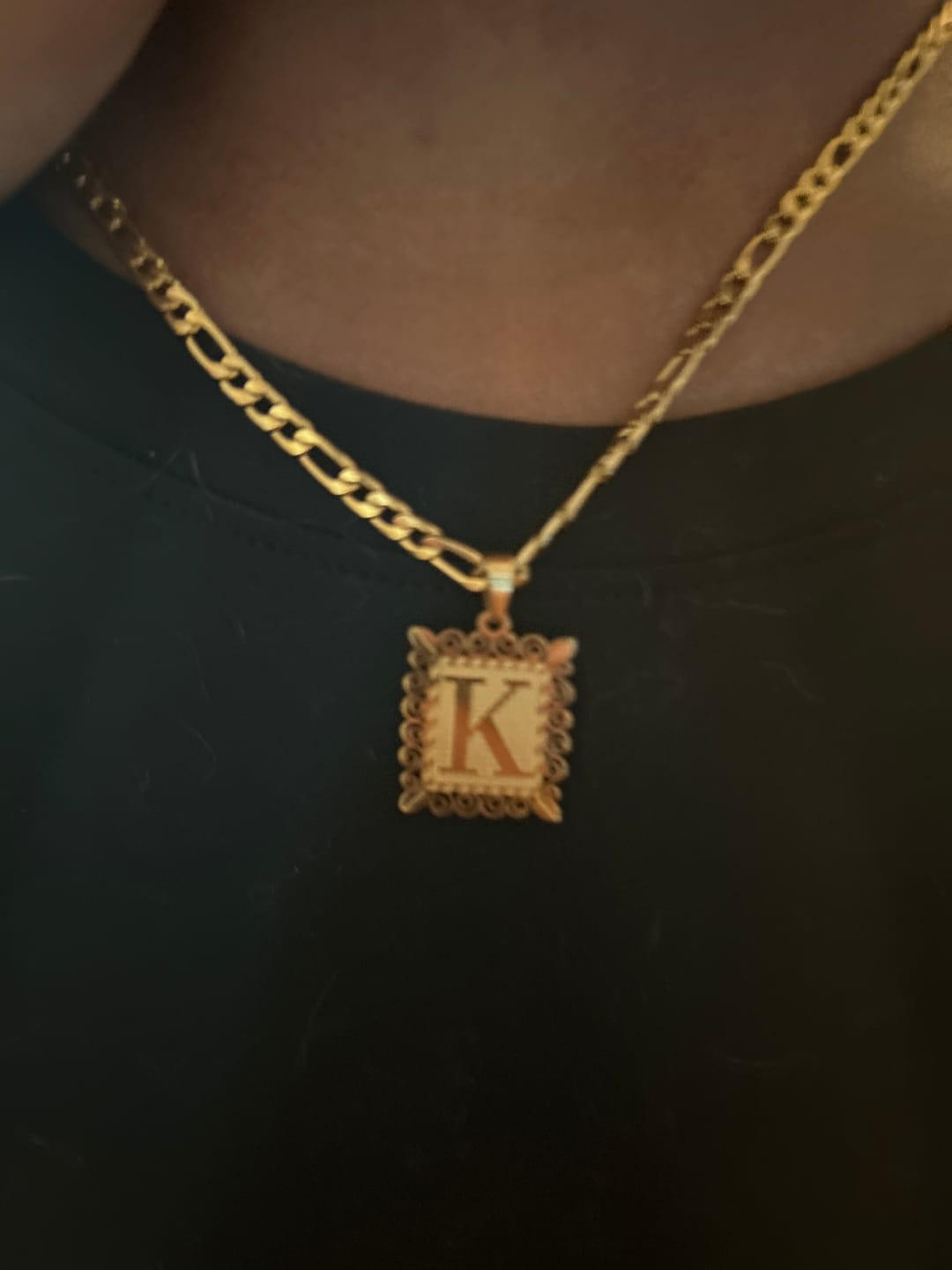 Customer photo review of Embossed Initial Necklace w/ Figaro Chain