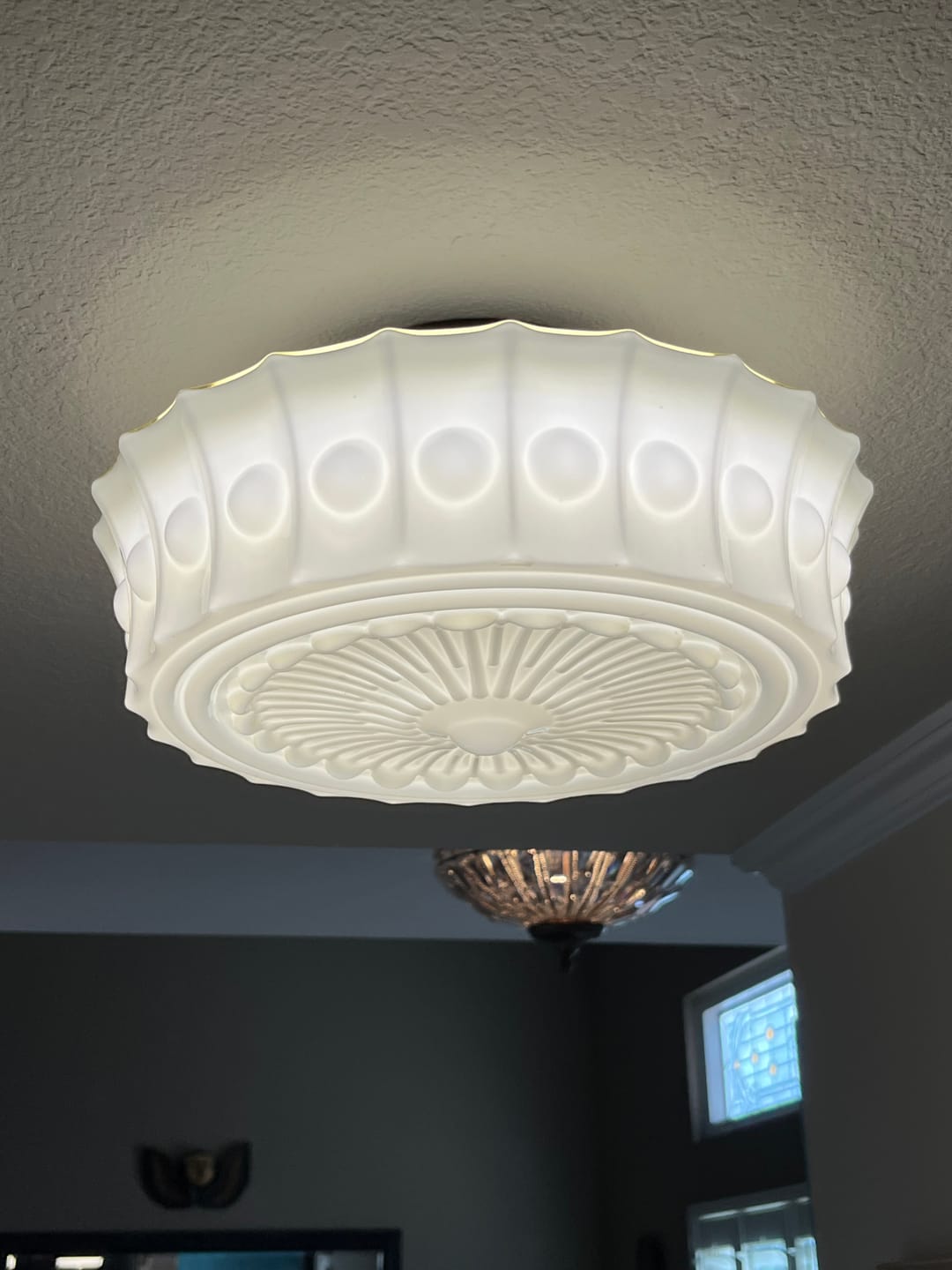 Customer photo review of Art Deco Sculptural Milk Glass Schoolhouse LED Ceiling Light