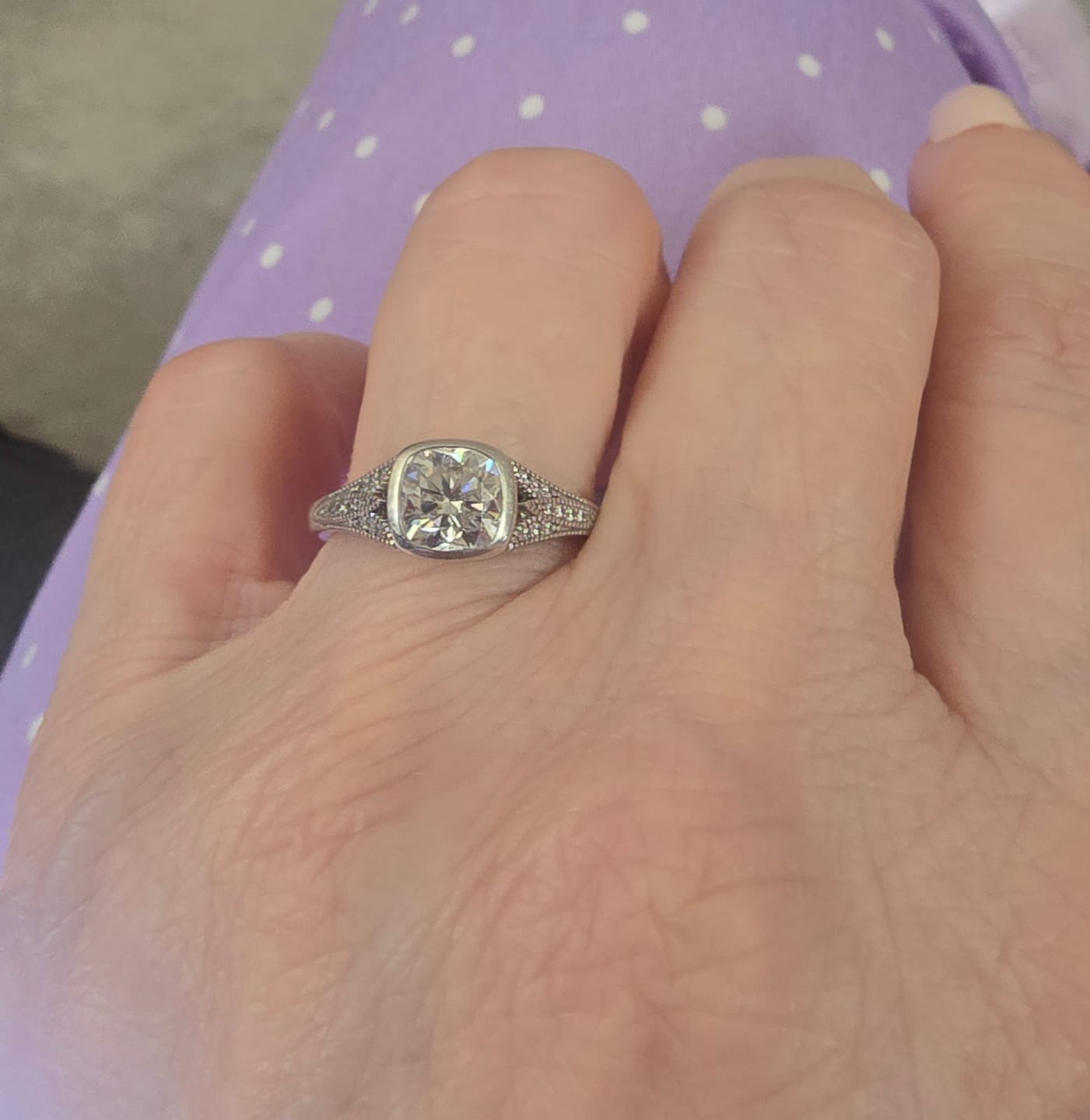 Customer photo review of Bezel Cushion Moissanite Filigree Pave Engagement Ring