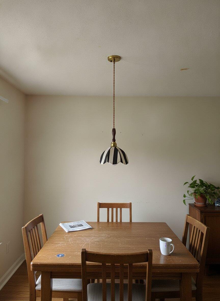 Customer photo review of Striped Fabric Pendant Light, Black and Cream, Wood Finial, 20 cm