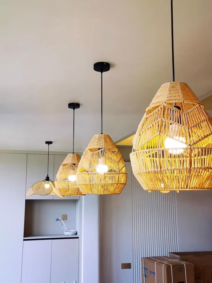 Customer photo review of Rattan Pendant Light, Woven Teardrop, Metal Frame, Hemp Rope