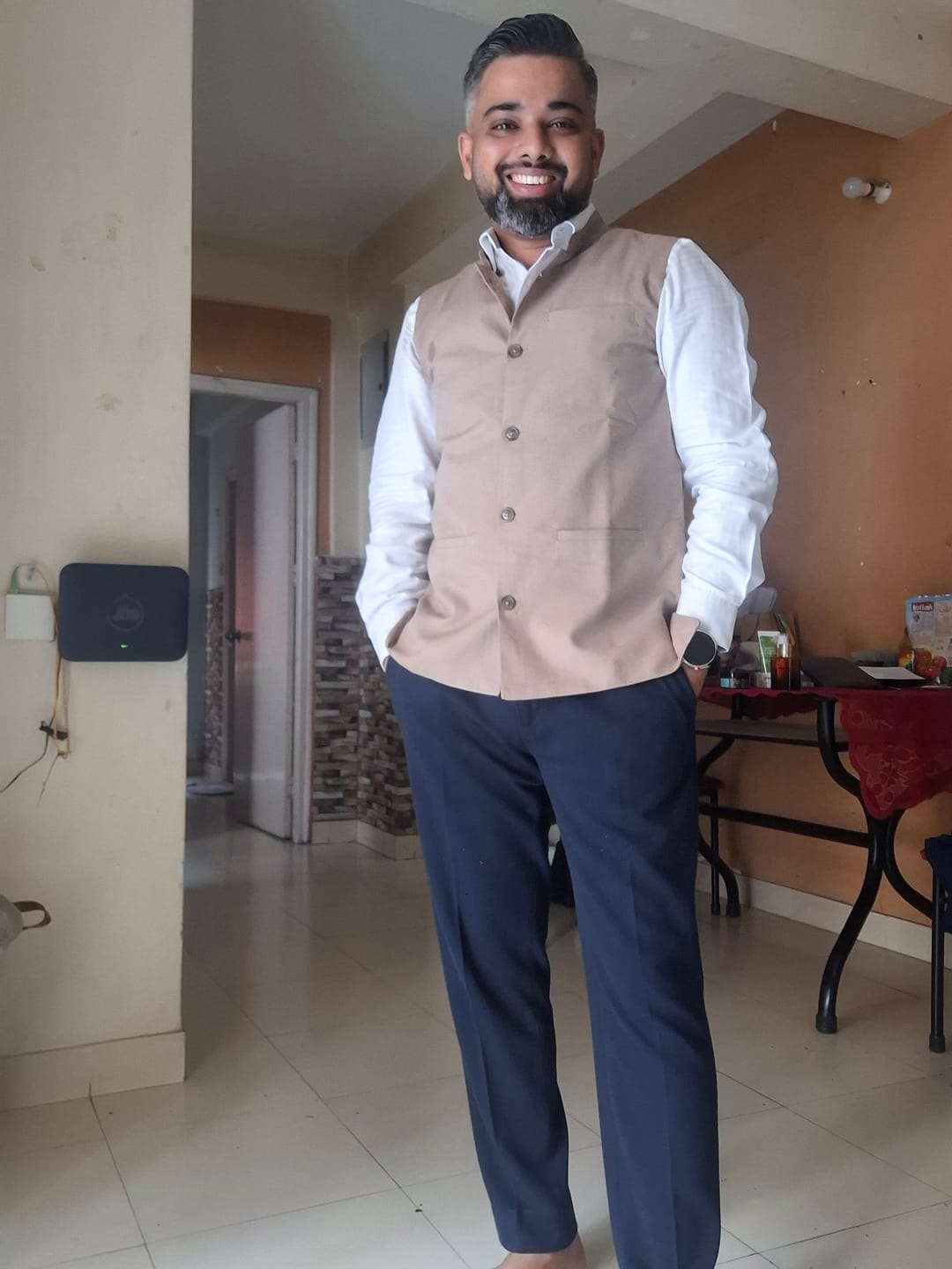 Customer photo review of Men Khakhi Airy Linen Nehru Jacket