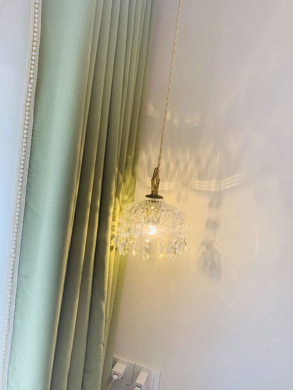 Customer photo review of Crystal Pendant Light, Draped Drops, Gold Brass, Adjustable Cord