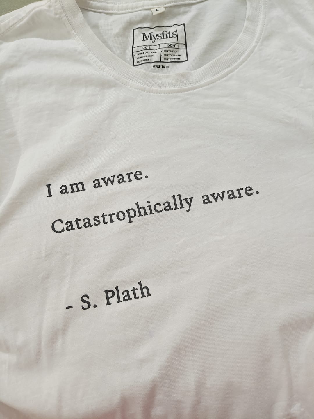 Customer photo review of Catastrophically Aware: Plath Literature Tee