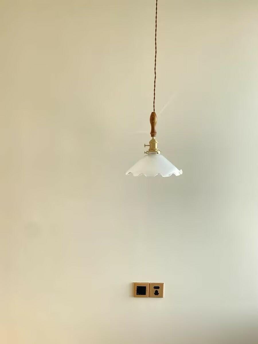 Customer photo review of White Glass Flower Pendant Light, Brass and Walnut, 25 cm