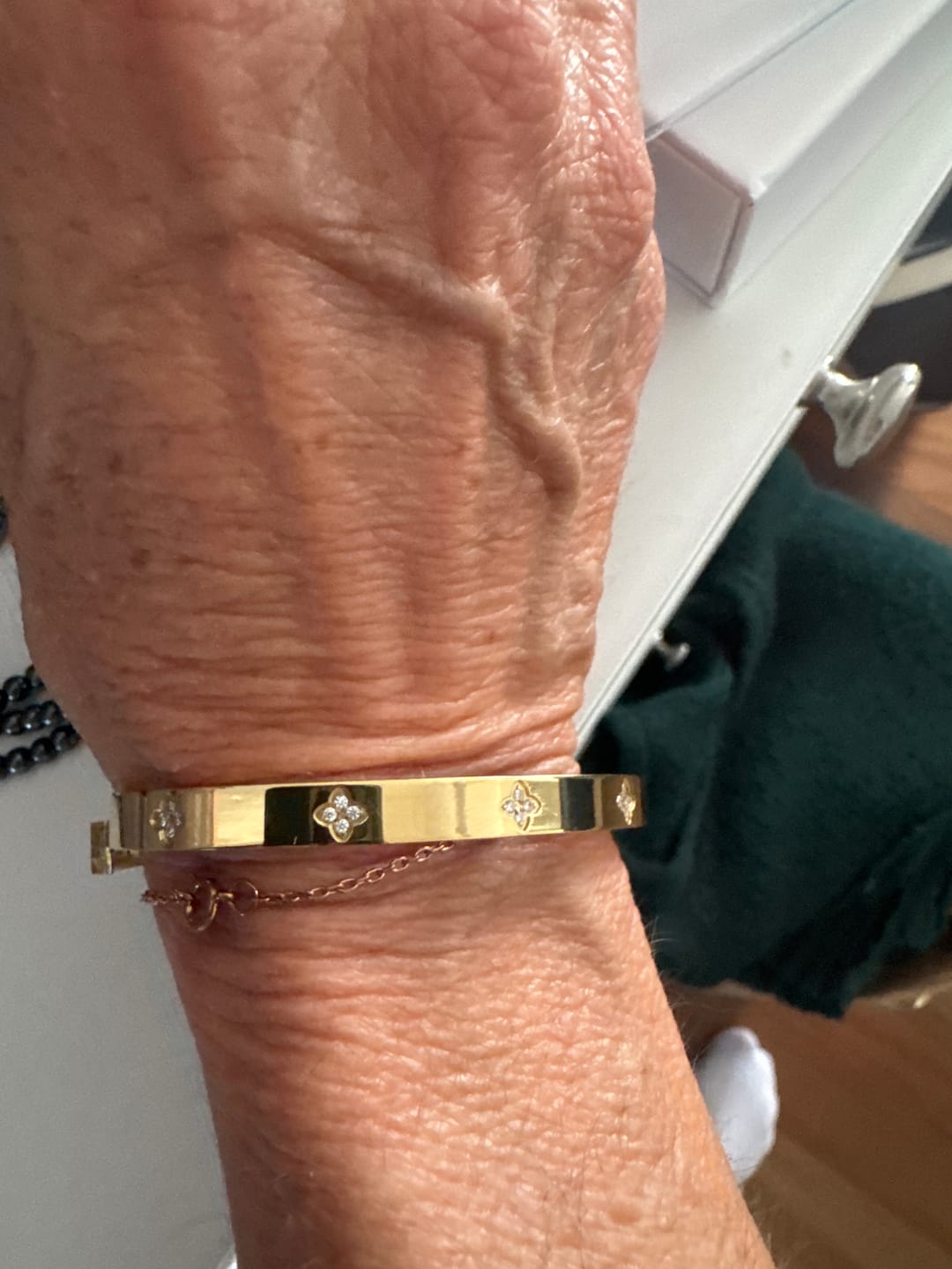 Customer photo review of Clover Sapphire Hinged Bangle Bracelet