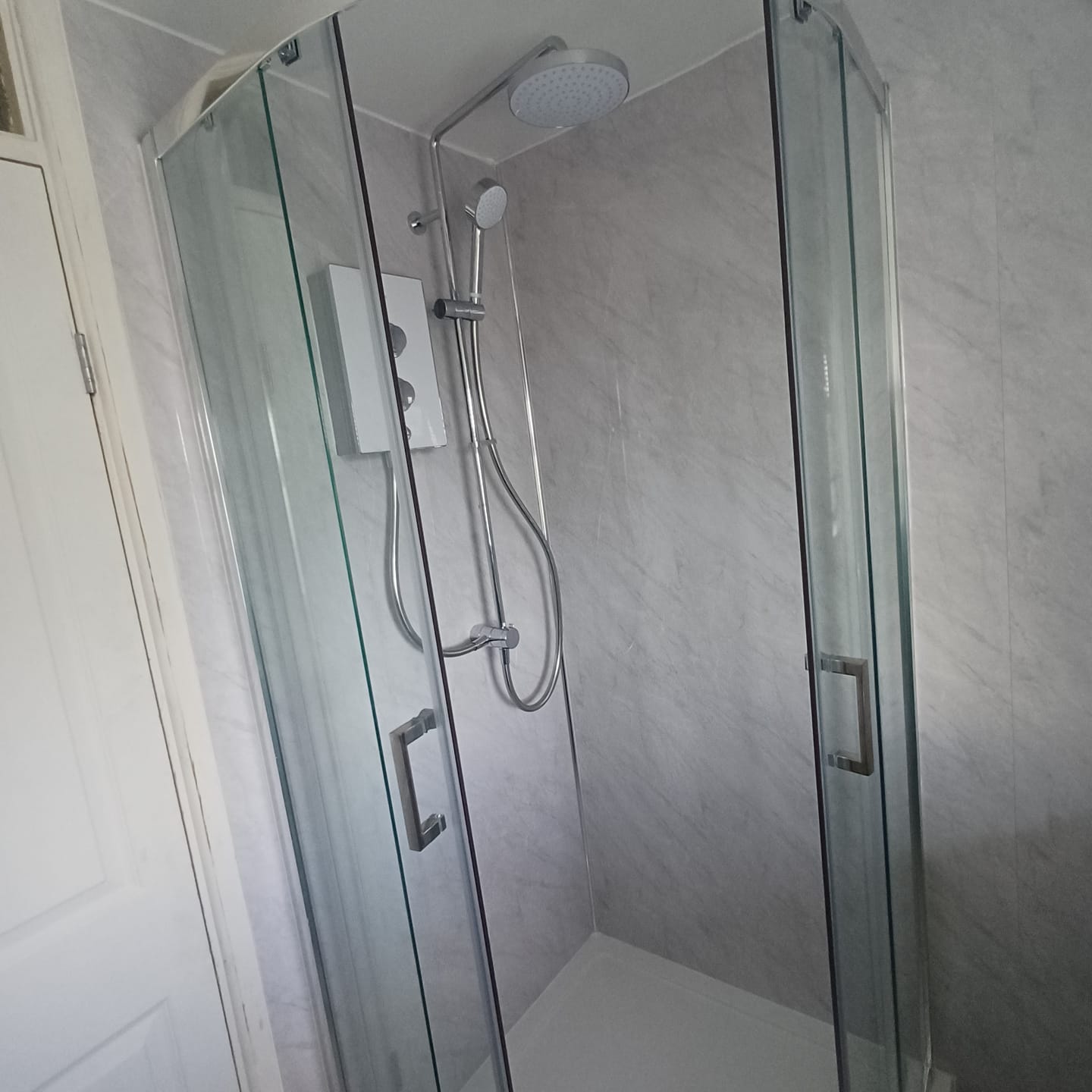 Customer photo review of Premium Grey Marble Gloss Shower Wall Panel – 1M x 2.4M