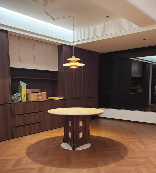 Customer photo review of Layered Metal Pendant Light, Dark Oak Wood Band, 35 or 50 cm