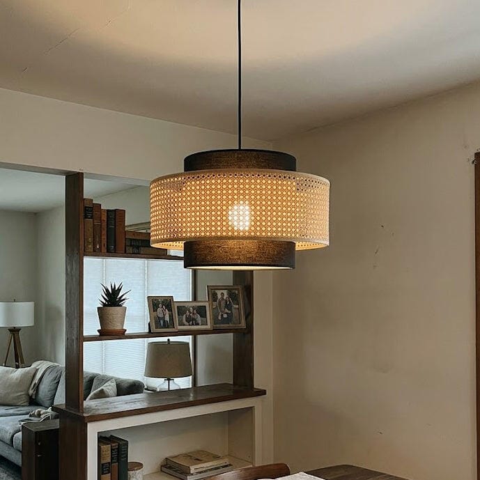 Customer photo review of Rattan Drum Pendant Light, Black Linen Inner Shade, 40 to 80 cm