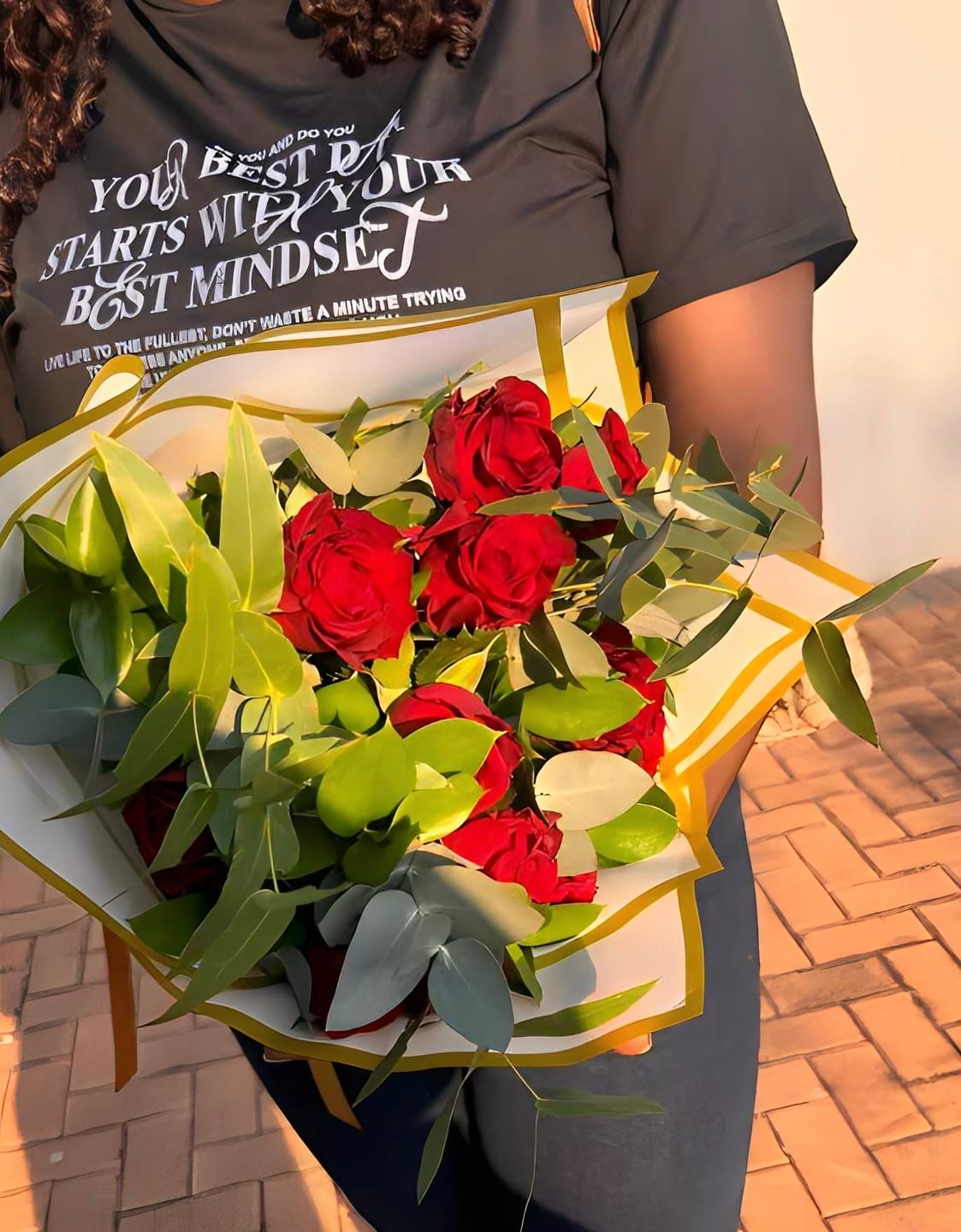 Customer photo review of Red Rose Greenery Bouquet