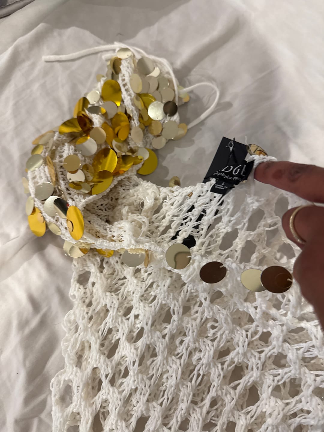 Customer photo review of Shakira Gold Sequin Crochet Dress