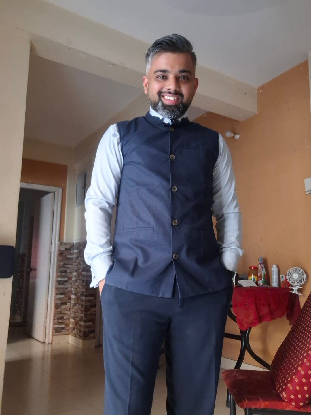 Customer photo review of Men Navy Blue Airy Linen Nehru Jacket
