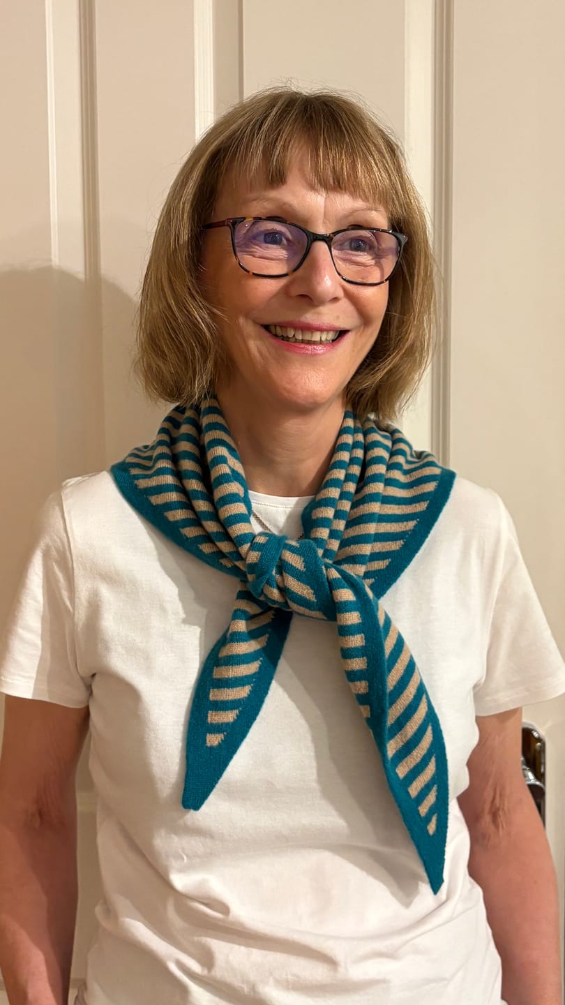 Customer photo review of Brand New Teal and Caramel Stripe Recycled Cashmere Triangle Scarf