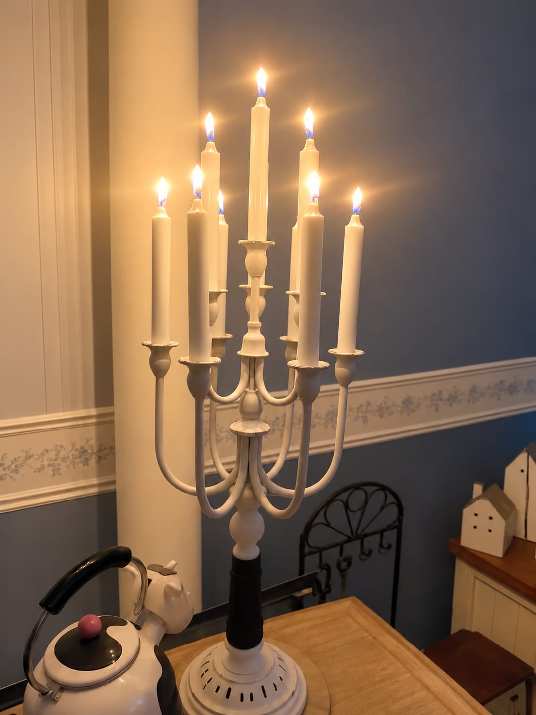 Customer photo review of Étienne French Provincial Candelabra, Whitewashed Iron with Twelve Arms and Distressed Wood Column