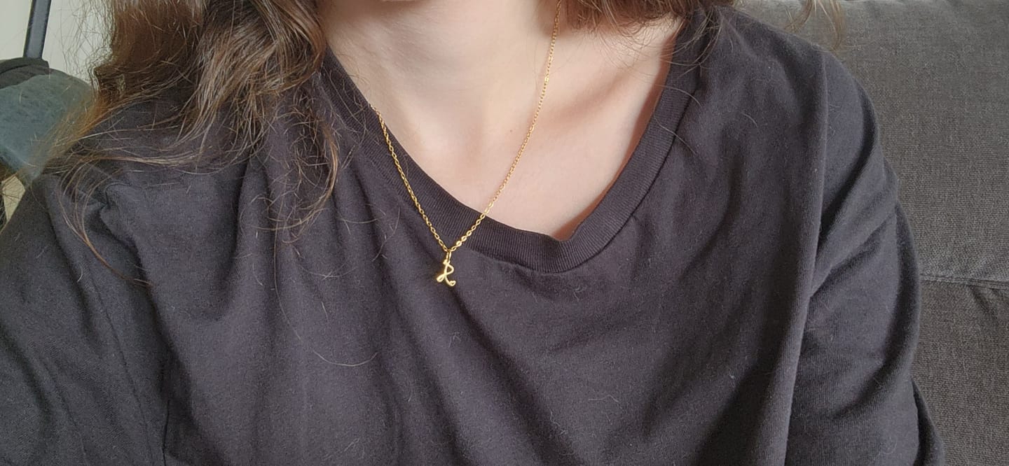 Customer photo review of Gold Letter Heart Necklace