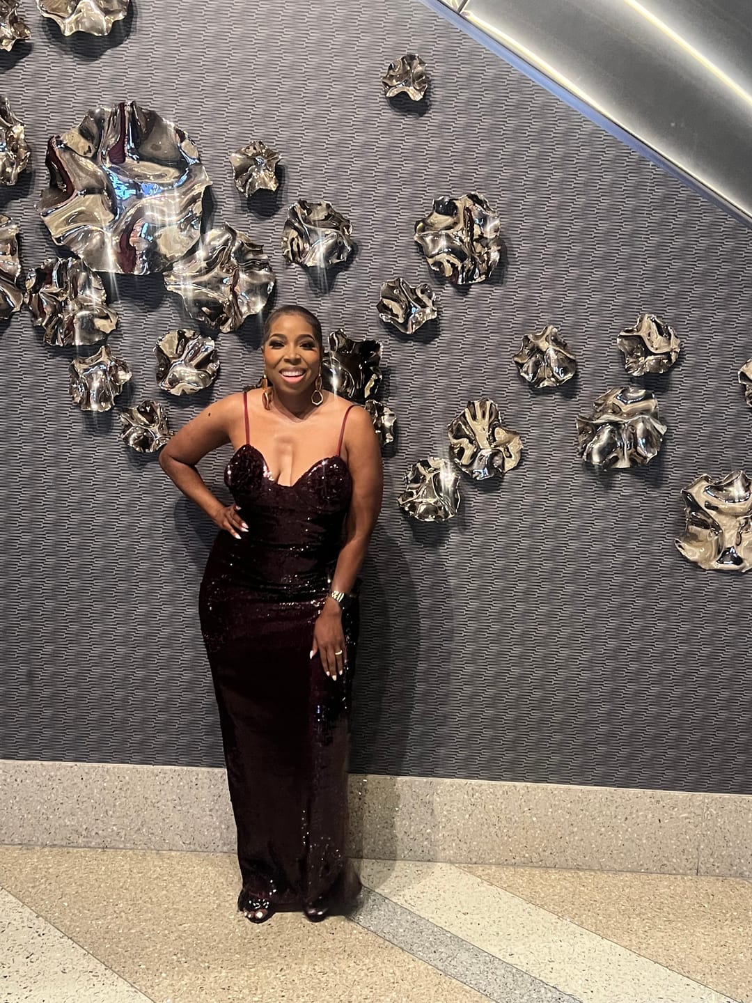 Customer photo review of LOOK 1196 SEQUIN MIDI DRESS WITH ROSE DETAILS