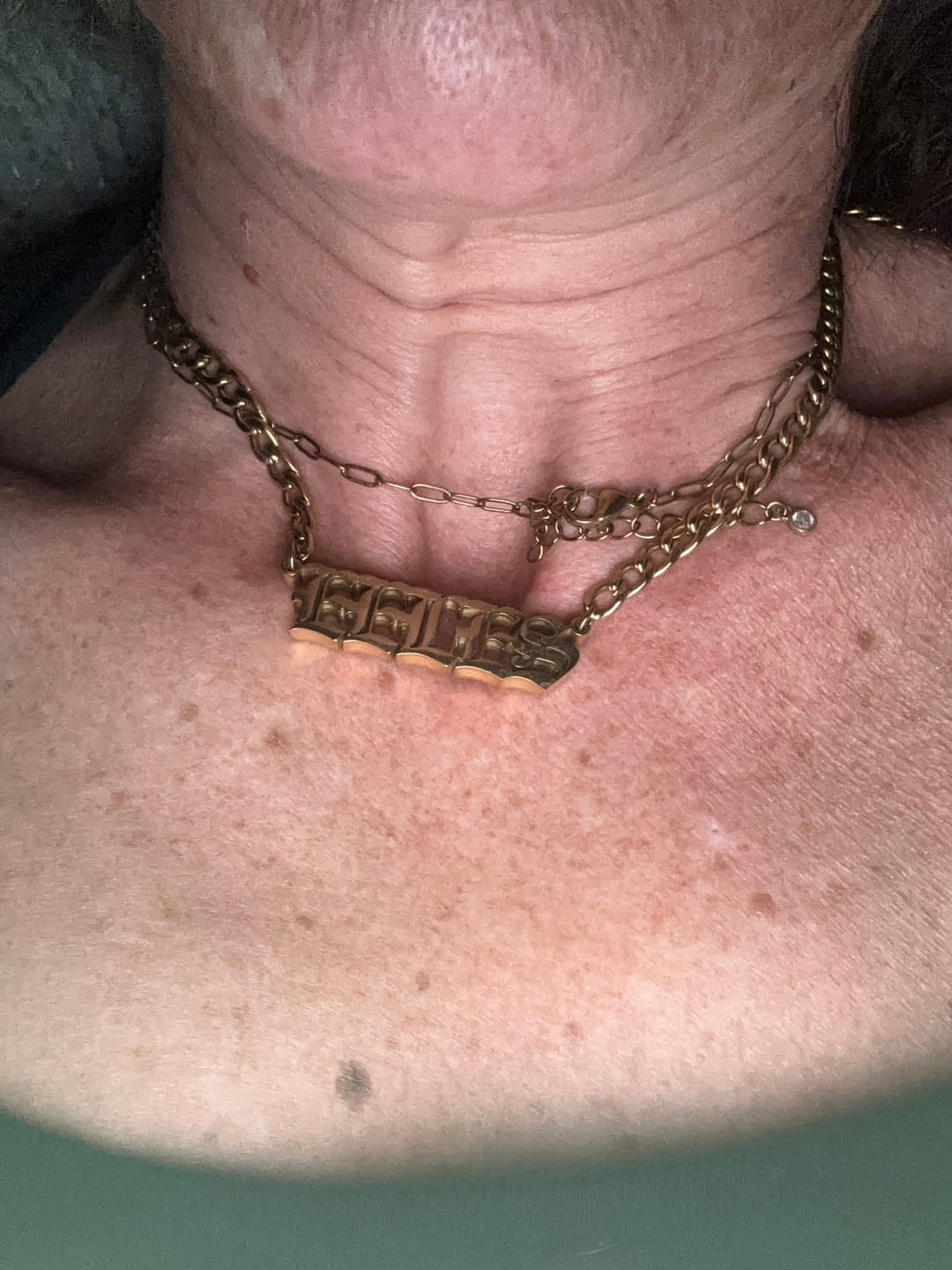 Customer photo review of Thick Gothic Nameplate Necklace w/ Cuban Chain