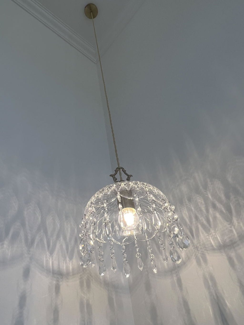 Customer photo review of Crystal Pendant Light, Draped Drops, Gold Brass, Adjustable Cord