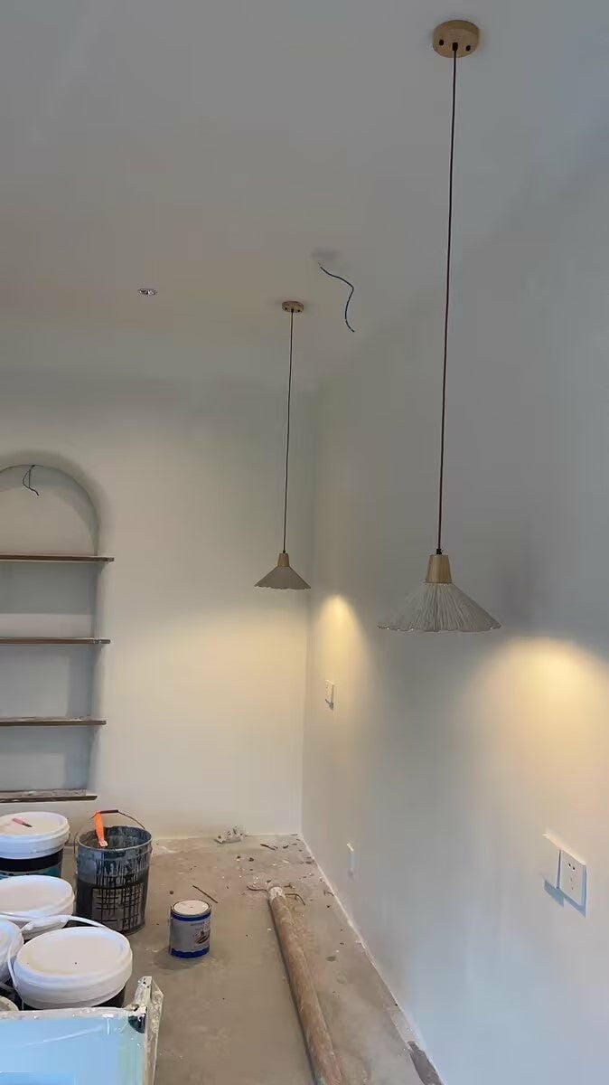 Customer photo review of Pleated Concrete Pendant Light, Wood Grain Shade, Metal, Damp Rated