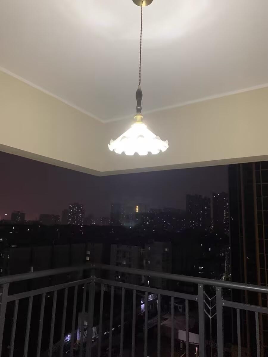 Customer photo review of White Glass Flower Pendant Light, Brass and Walnut, 25 cm