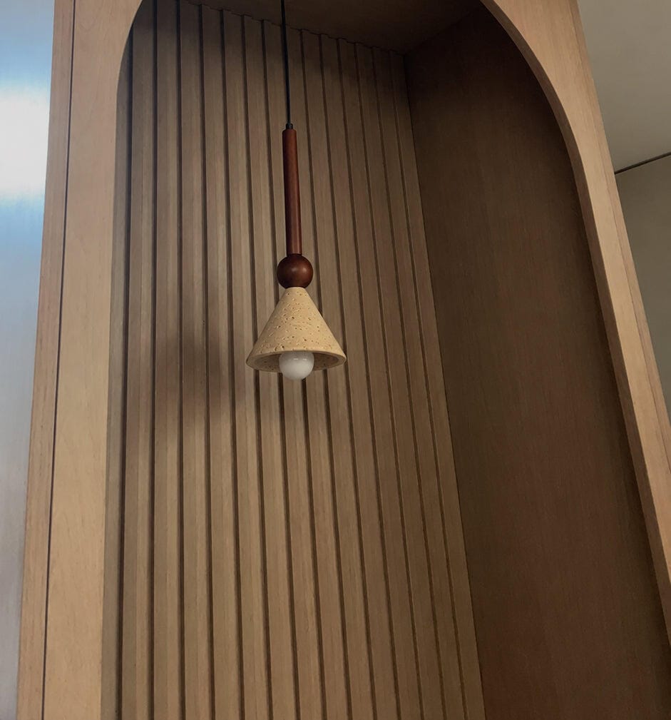 Customer photo review of Conical Travertine Pendant Light, Wood or Walnut Stem, 40 cm