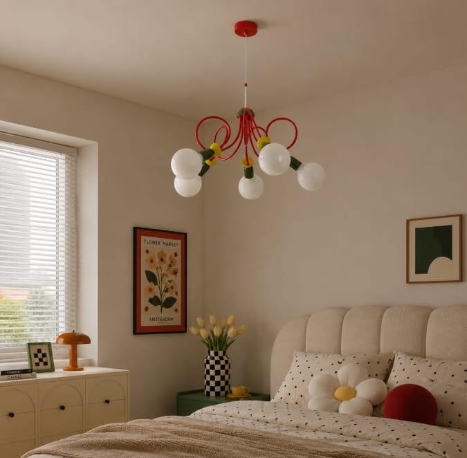 Customer photo review of Memphis Glass Pendant Lamp, Red Rings, Iron, Rounded Bulb