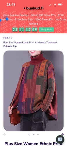 Customer's model wearing a vintage-style, long-sleeved, patterned patchwork pullover top.