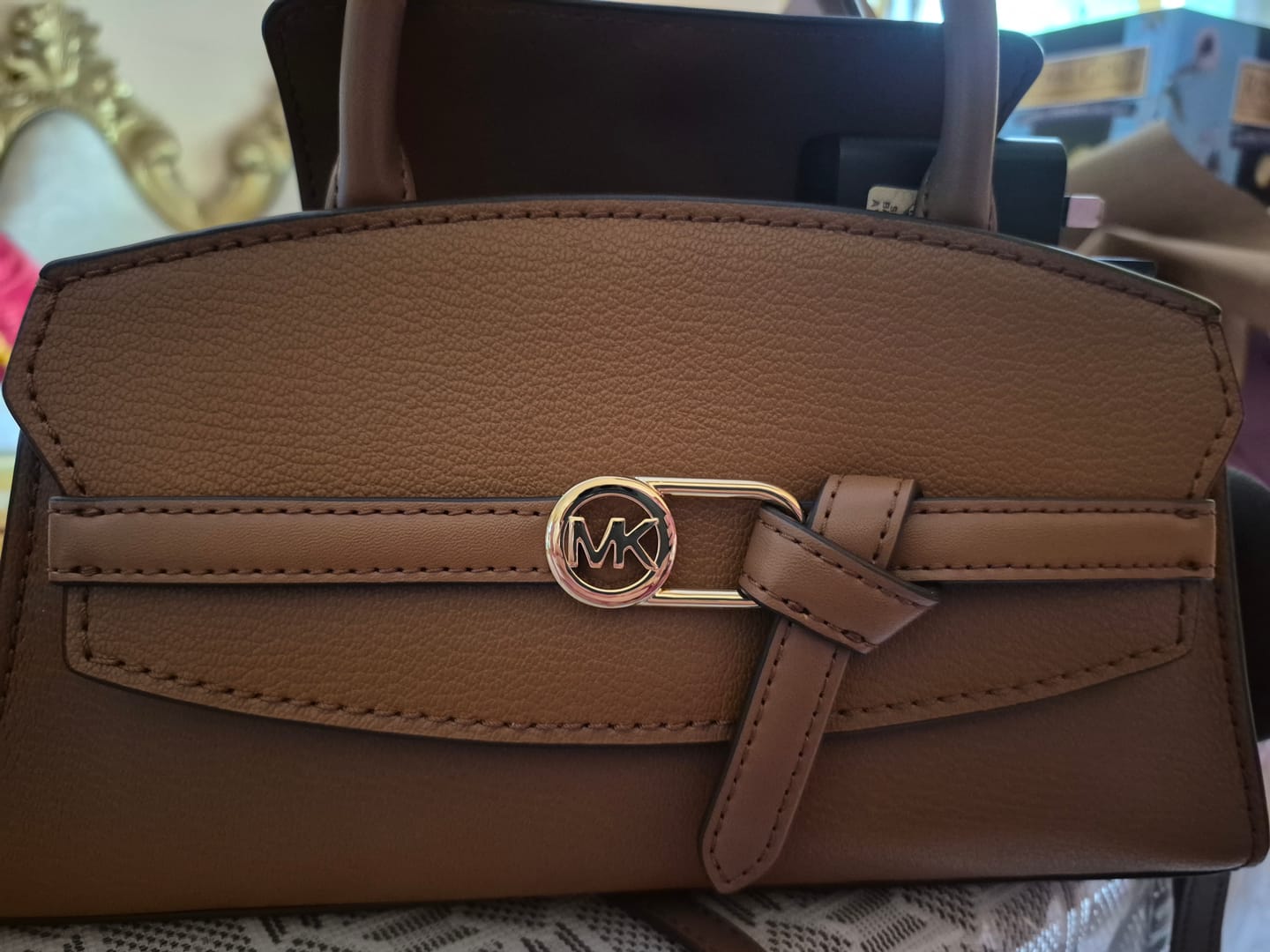 Customer photo review of Michael Kors Greta Small Leather Convertible Crossbody Bag In Luggage 35F6GG8S1L