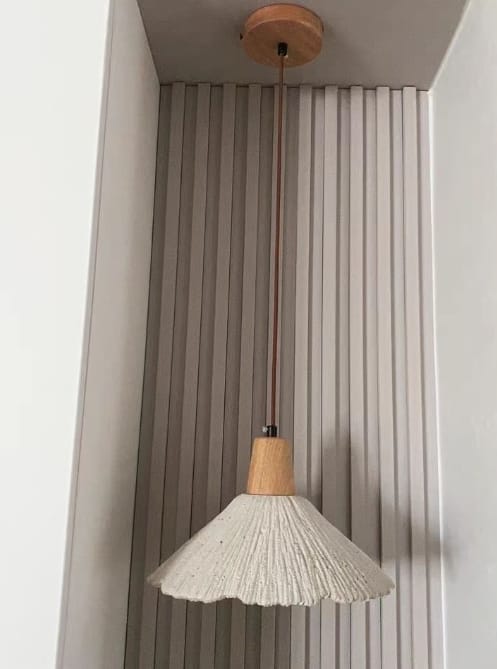Customer photo review of Pleated Concrete Pendant Light, Wood Grain Shade, Metal, Damp Rated