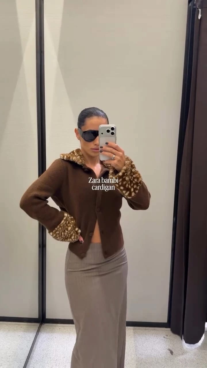 Customer photo review of Jane Faux Fur Bambi Trim Knit Cardigan