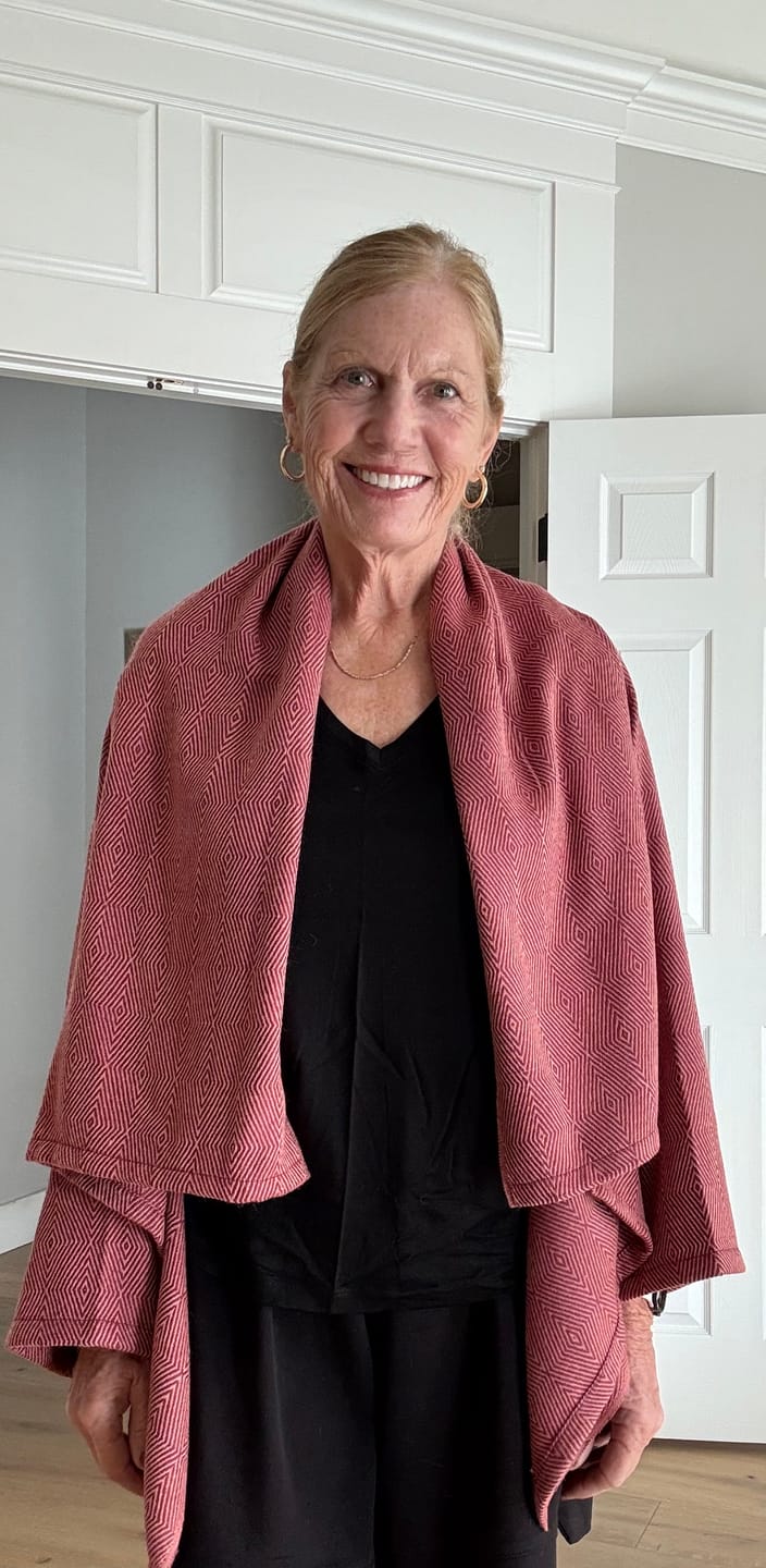 Customer photo review of NEW! JIVA Wool Silk Kimono Deep Salmon