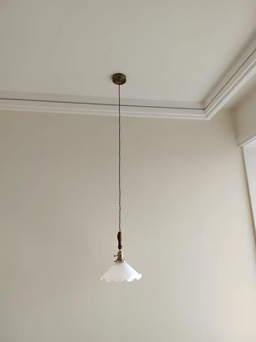 Customer photo review of White Glass Flower Pendant Light, Brass and Walnut, 25 cm