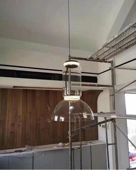 Customer photo review of Glass Pendant Lamp, Stacked Clear Cylinders, Black Frame