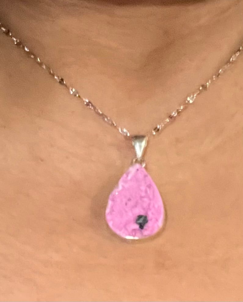 Customer photo review of Cobalto Calcite Druzy Pendant .925 Silver for Compassion, Emotional Healing, Harmony and Forgiveness