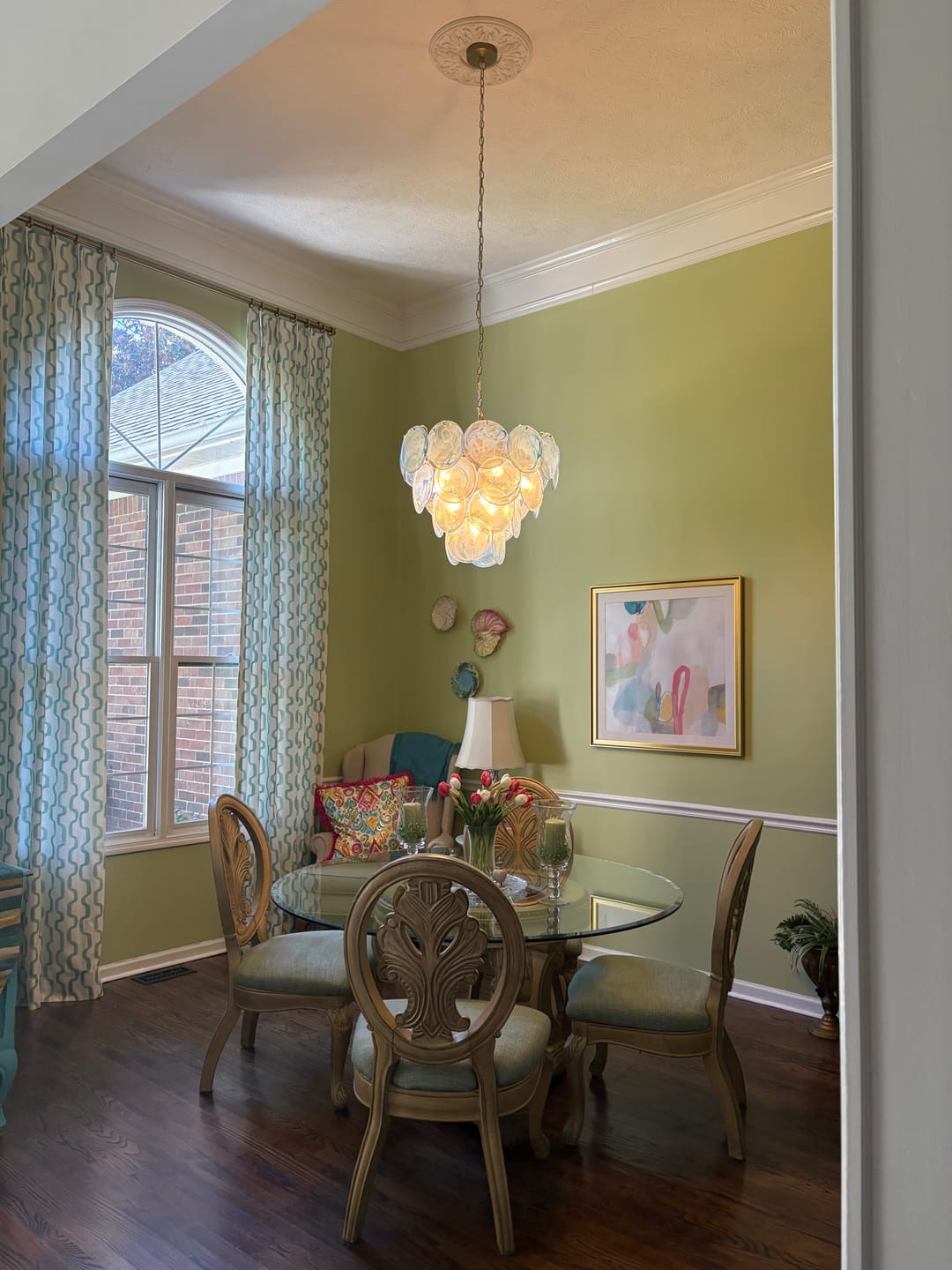 Customer photo review of Glam Blue Iridescent Swirl Glass Round Tiered Chandelier