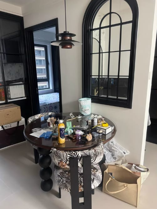 Customer photo review of Layered Metal Pendant Light, Dark Oak Wood Band, 35 or 50 cm