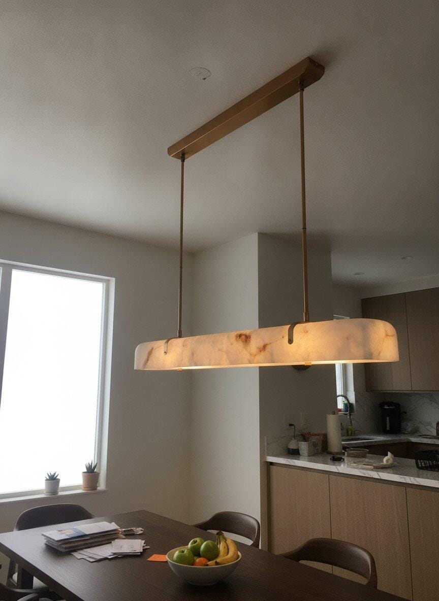 Customer photo review of Linear Pendant Light, Imitation Alabaster, Antique Copper, 91 cm