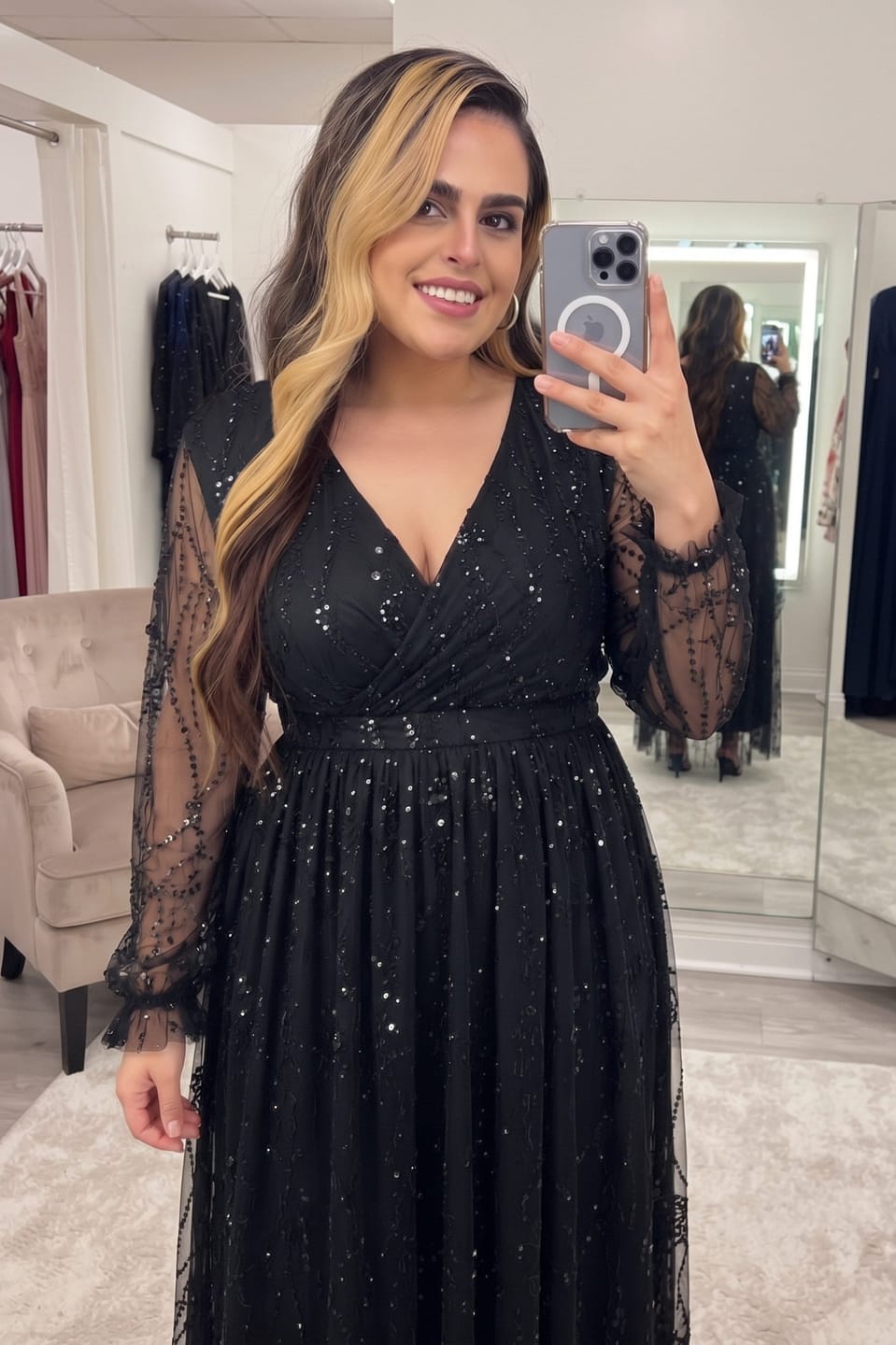 Customer photo review of V-Neck Tassel Sequin-Mesh Maxi Dress