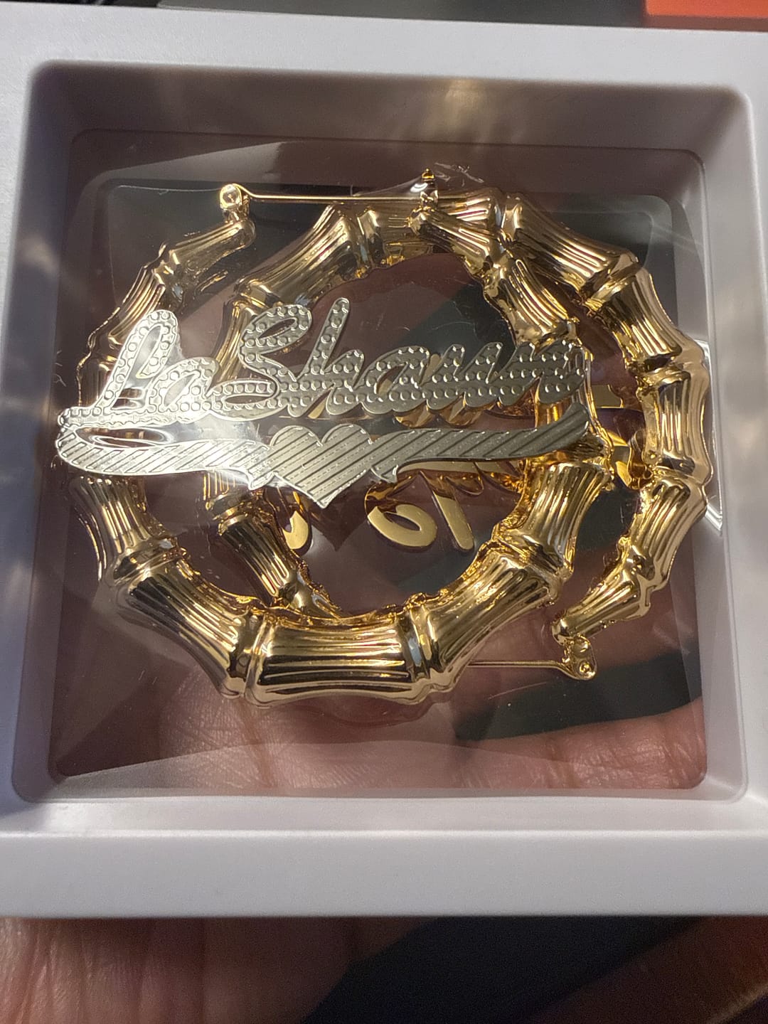 Customer photo review of Double Plated Bamboo Name Hoop Earrings