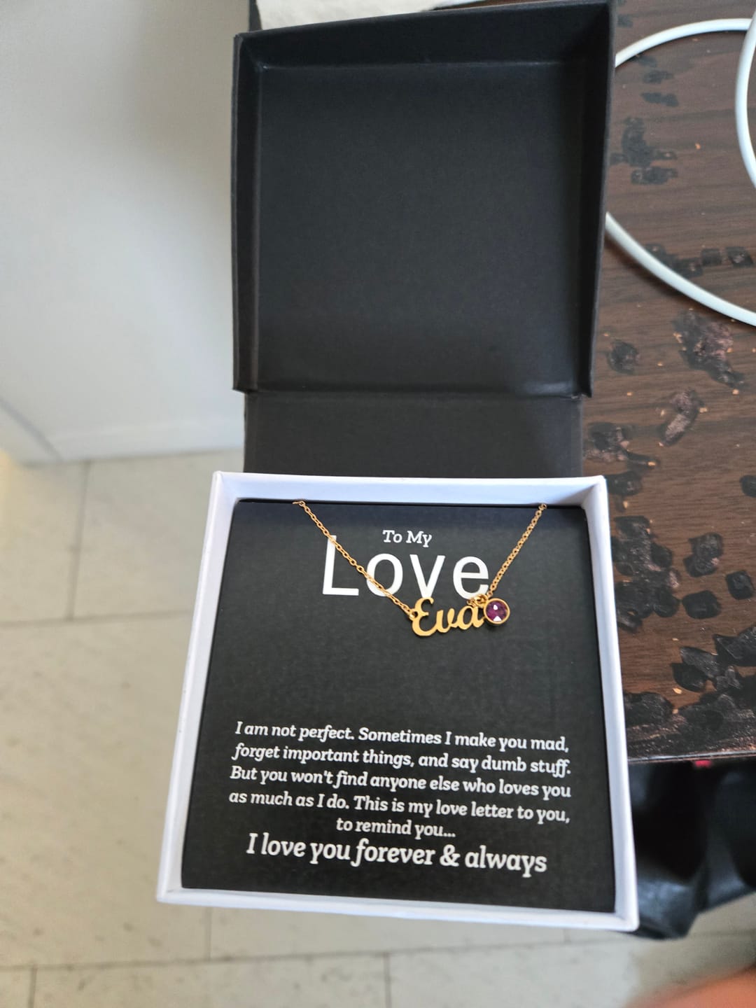 Customer photo review of "To My Love, My Love Letter to You" Custom Name Necklace with Birthstone – Personalized Gift for Her