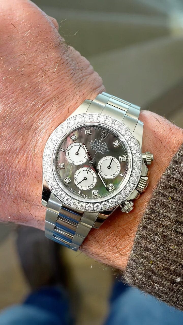 Customer photo review of Daytona 40mm Oyster White Gold Black and White Mother of Pearl Diamond Dial & Bezel 126579RBR