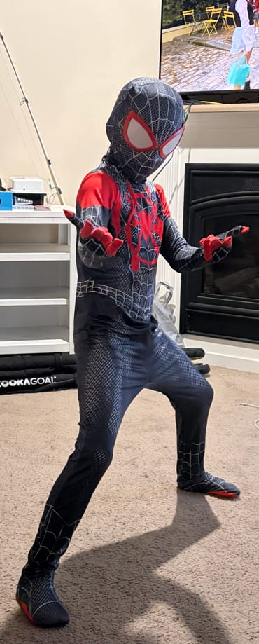 Customer photo review of Miles Morales Spider Man Costume for Boys and Men. Optional Hoodie & Shorts.