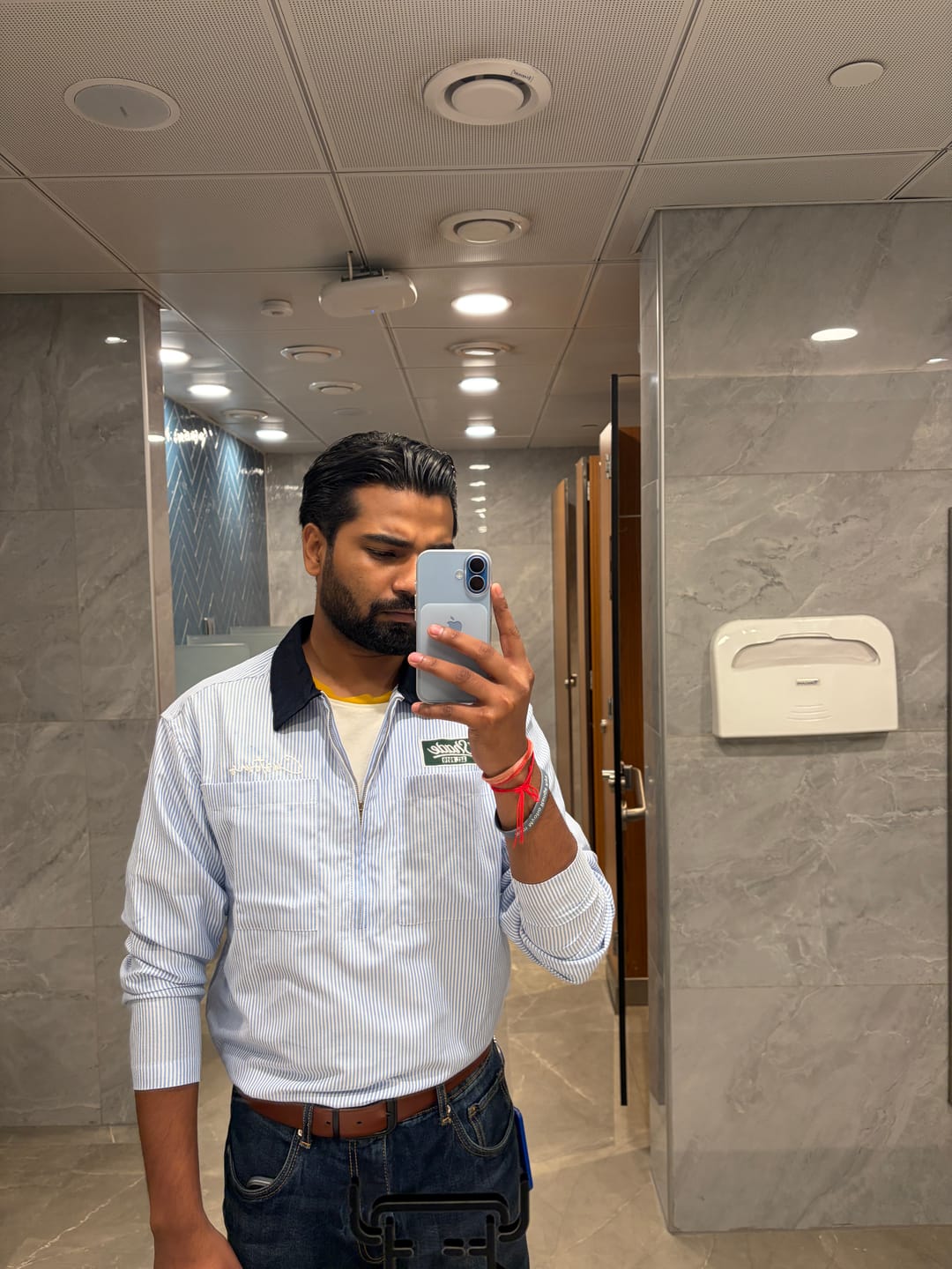 Customer photo review of Blue Stripe Contrast Collar Zipper Shirt