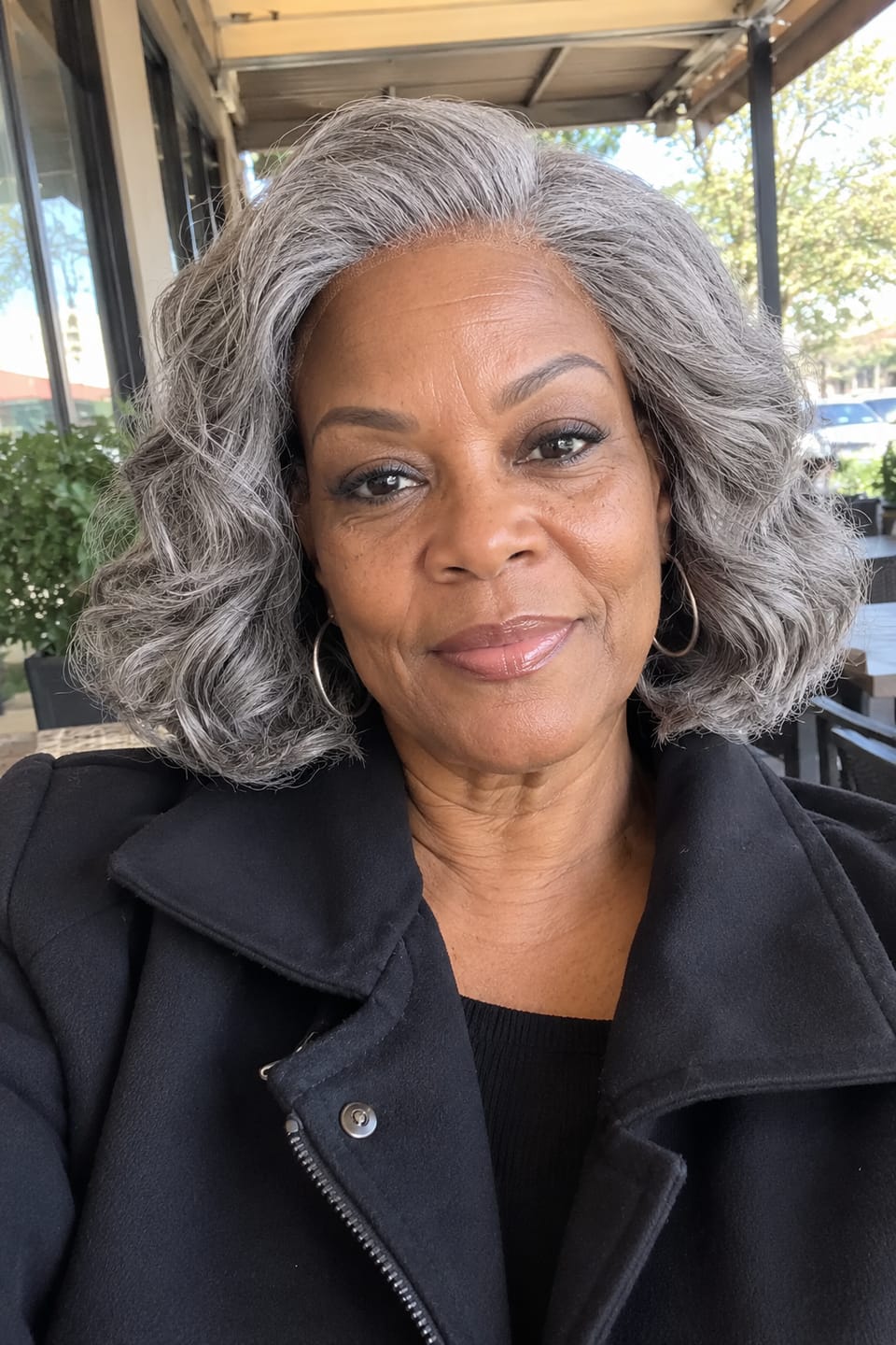 Customer photo review of Luvwin 5x5 Salt And Pepper Gray Color Glueless Pre-Cut Lace Short Layered Loose Wave Wig 100% Human Hair